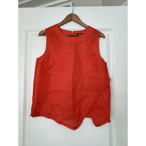 DKNY Women’s 100% Linen Orange Asymmetrical Top With Frayed Detail And Gold Zip